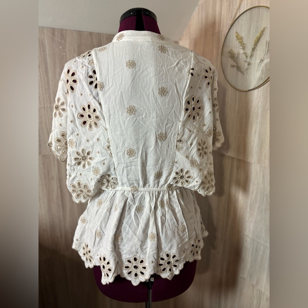 Cato White Eyelet Embroidered Peasant Tunic with Beige Accents - Picture 2 of 11